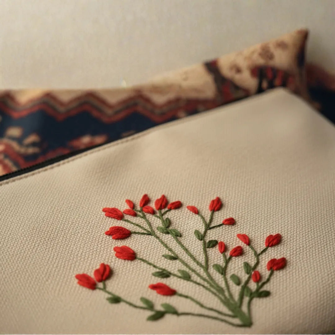 Scarlet Embroidered Bloom Pouch