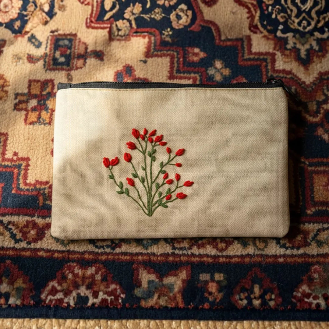 Scarlet Embroidered Bloom Pouch