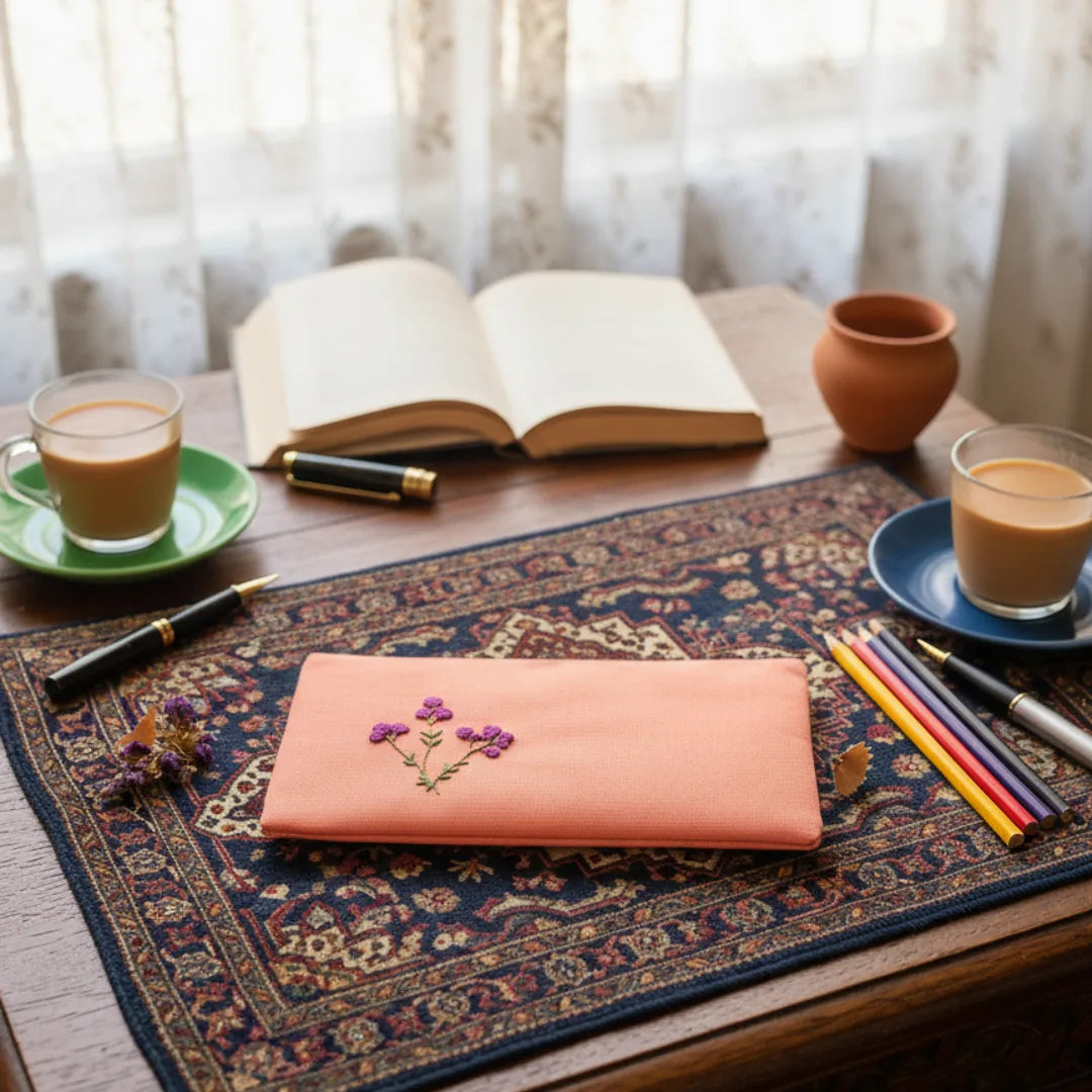Peach Embroidered Petal Pouch