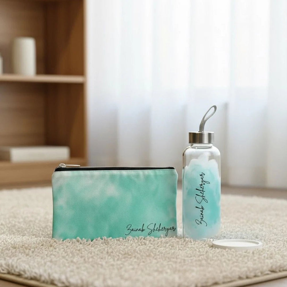 Splash Name Glass Water Bottle and Pouch - BREACHIT