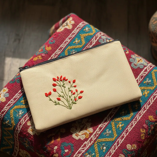 Scarlet Embroidered Bloom Pouch