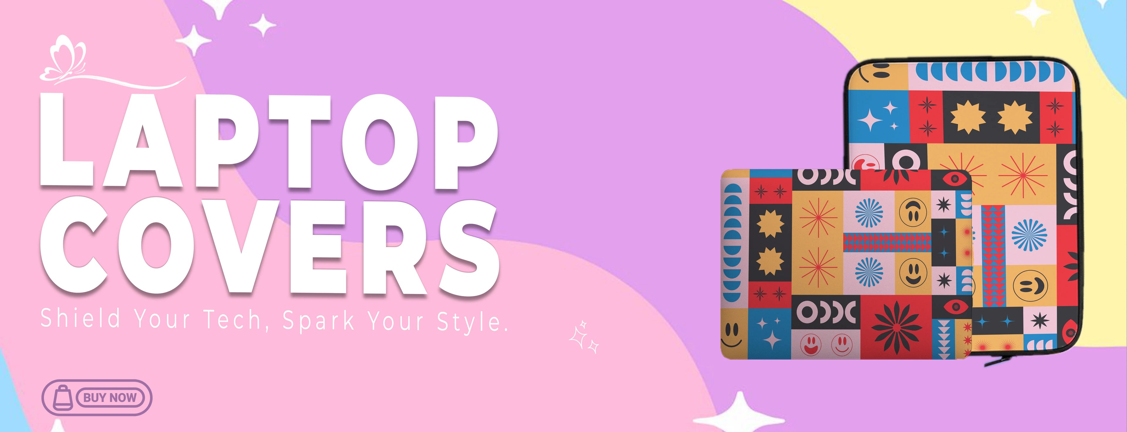 Laptop covers with colorful patterns on a pink and purple background