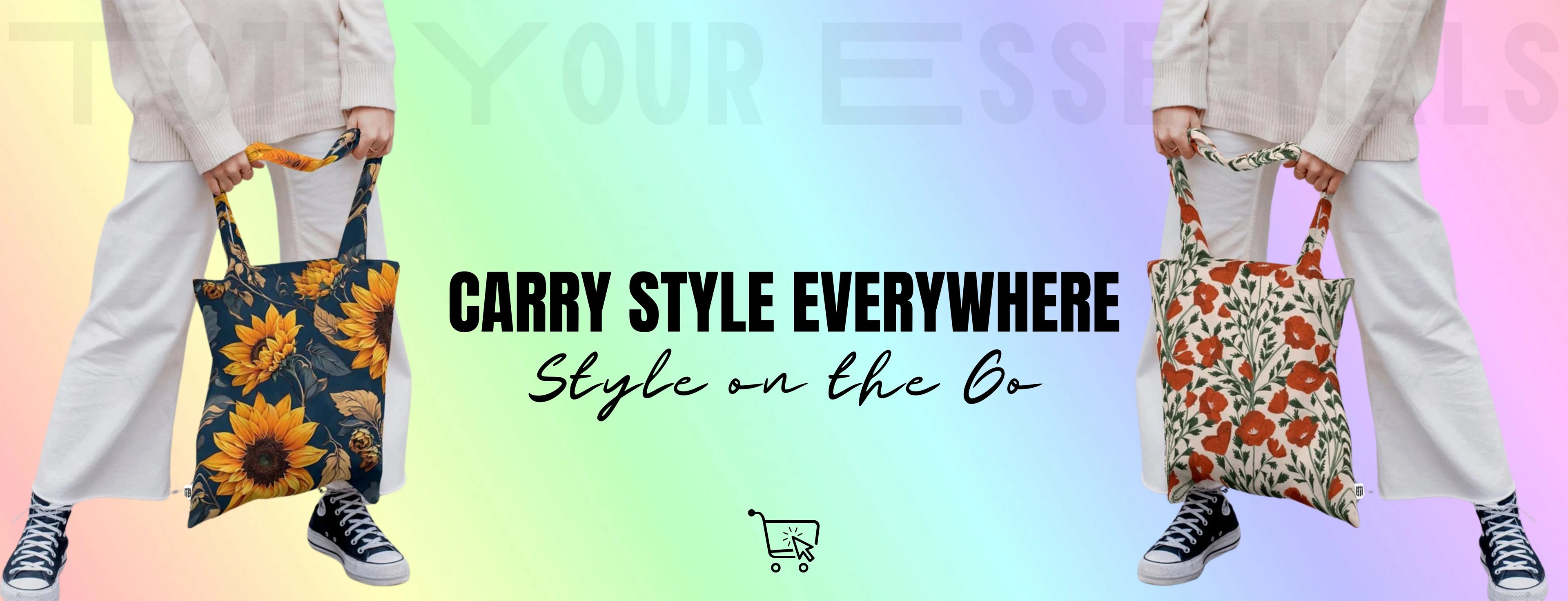 Two people holding floral tote bags against a colorful gradient background with text 'CARRY STYLE EVERYWHERE'.