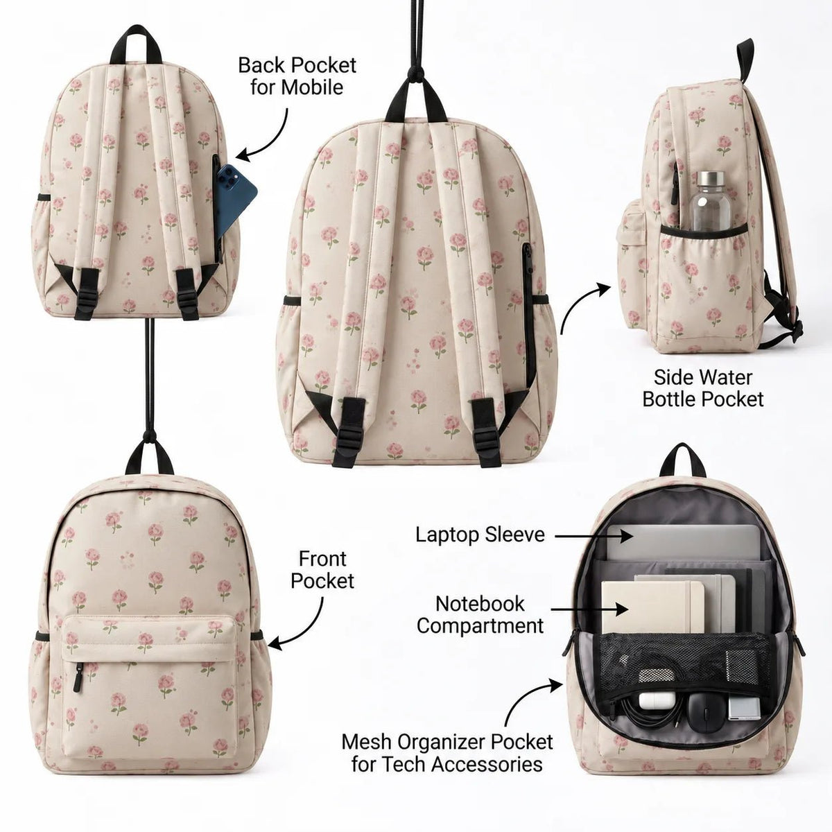 Blushing Buds Allover Printed Backpack - BREACHIT