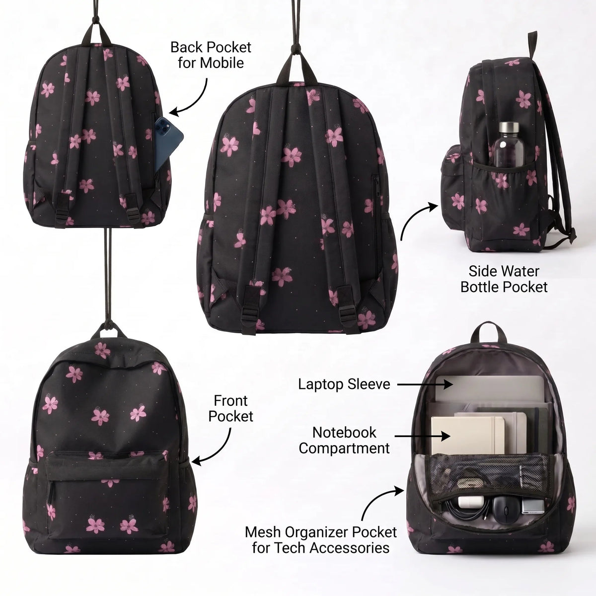 DB082 Pink Floral Art Allover Printed Backpack - BREACHIT