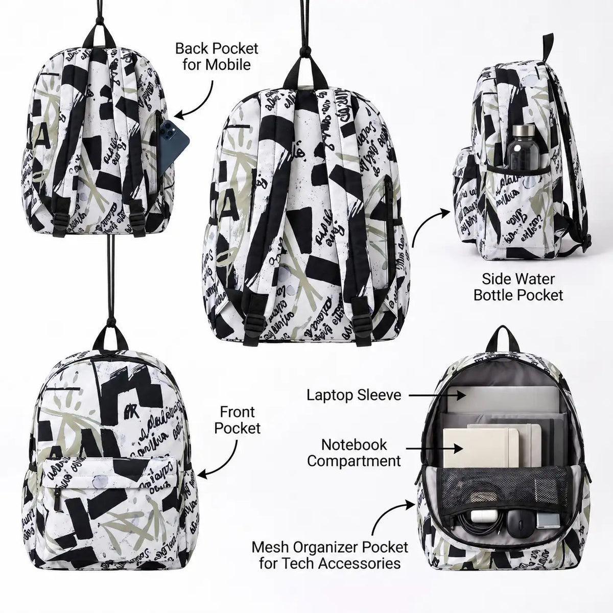 DB088 Typography Art Allover Printed Backpack - BREACHIT
