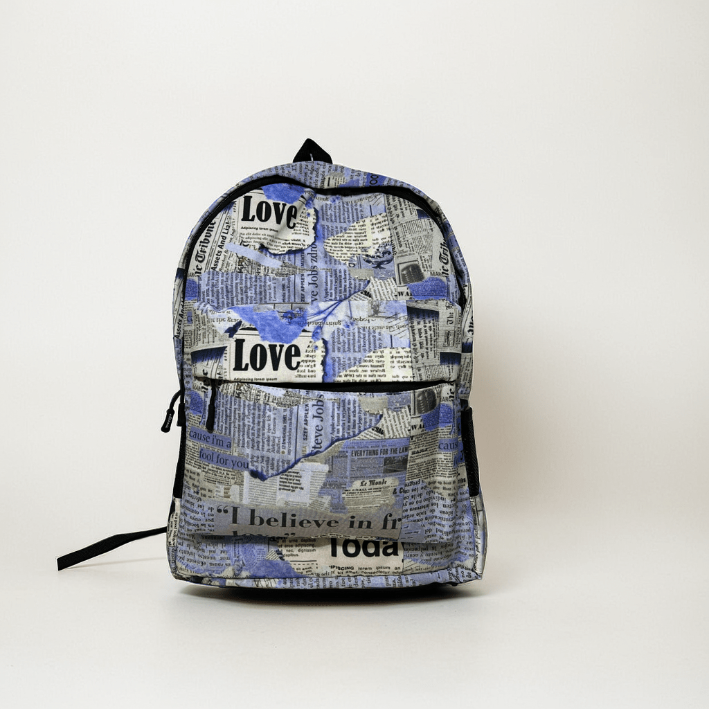 DB089 Blue Newspaper Allover Printed Backpack - BREACHIT