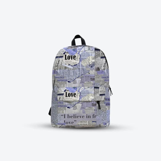 DB089 Blue Newspaper Allover Printed Backpack - BREACHIT