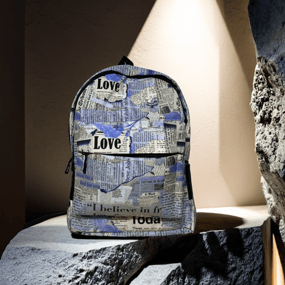 DB089 Blue Newspaper Allover Printed Backpack - BREACHIT