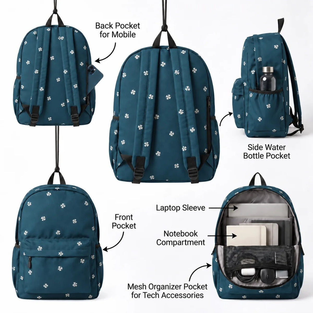 DB092 Flower Pattern Allover Printed Backpack - BREACHIT