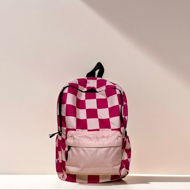 DB103 Pink Checkered Allover Printed Backpack - BREACHIT