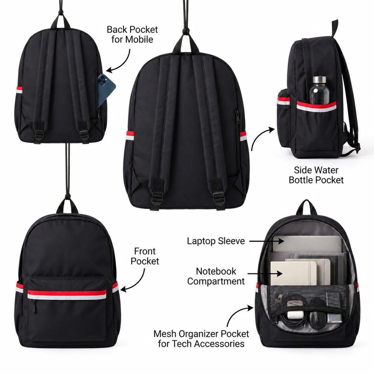 DB117 Black Striped Allover Printed Backpack - BREACHIT