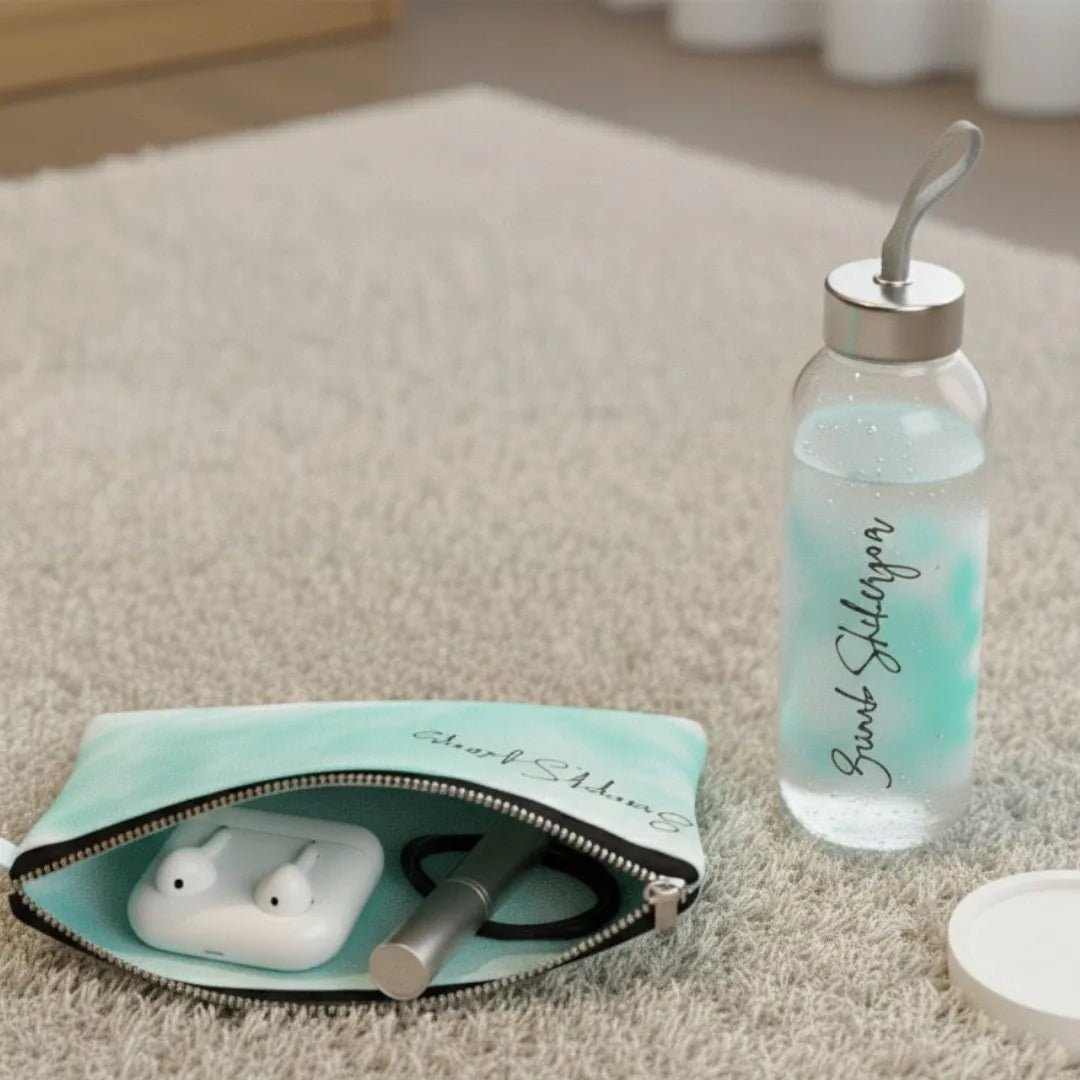 Splash Name Glass Water Bottle and Pouch - BREACHIT