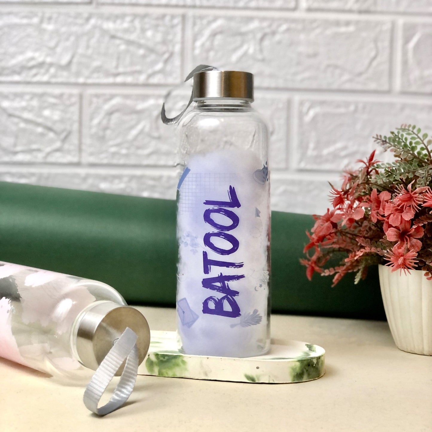 WB024 - Purple Name Printed Glass Water Bottle - BREACHIT