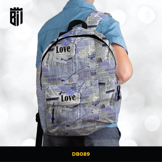 DB089 Blue Newspaper Allover Printed Backpack