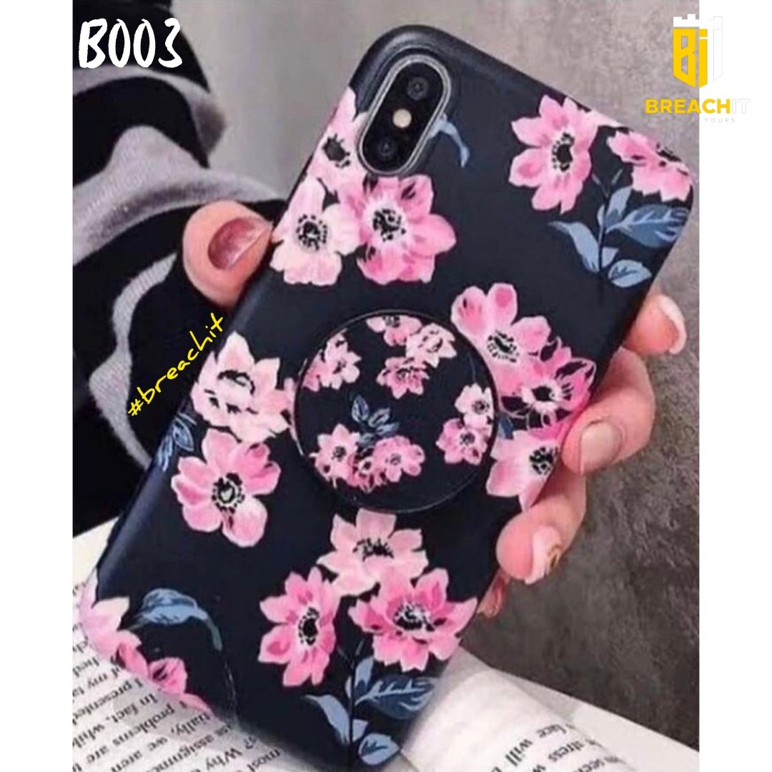 B003 Black Pink Floral Mobile Case with Popsocket - BREACHIT