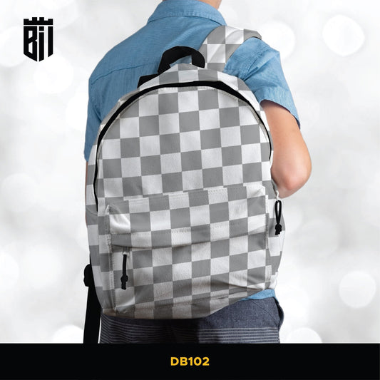 DB102 Grey White Checkered Allover Printed Backpack - BREACHIT