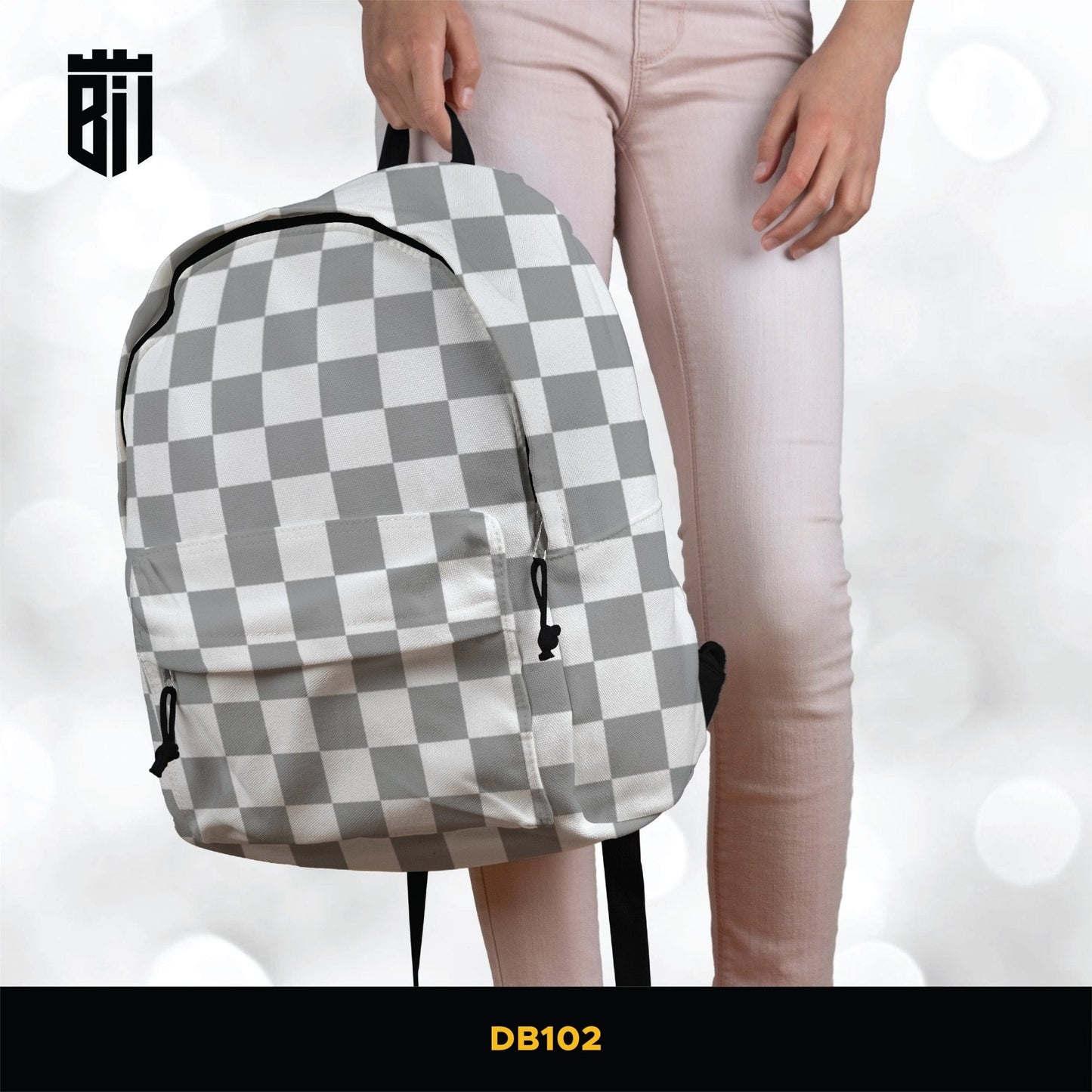 DB102 Grey White Checkered Allover Printed Backpack - BREACHIT