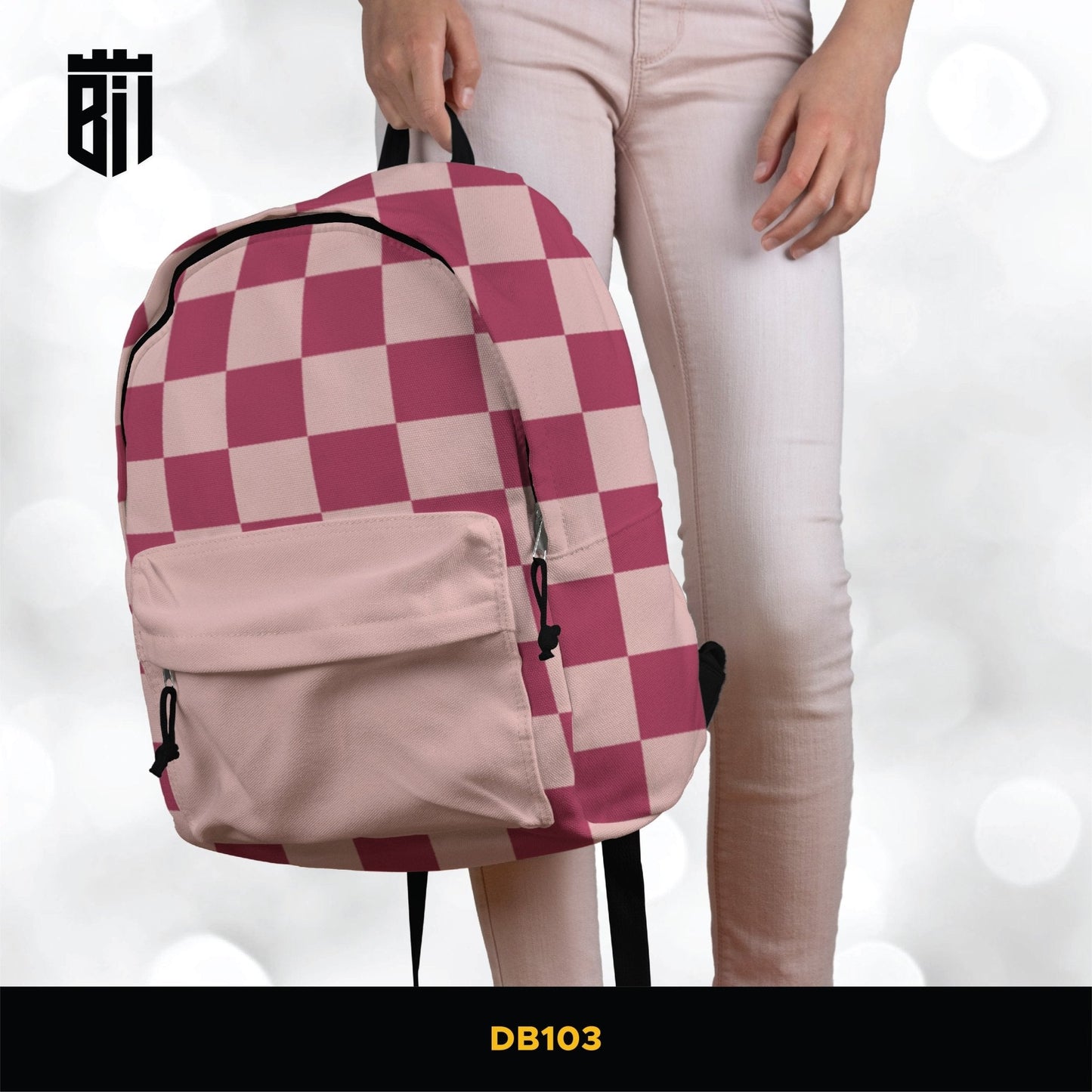 DB103 Pink Checkered Allover Printed Backpack - BREACHIT