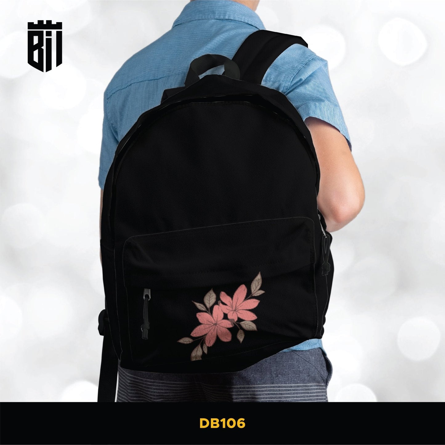 DB106 Black Flower Pocket Allover Printed Backpack - BREACHIT