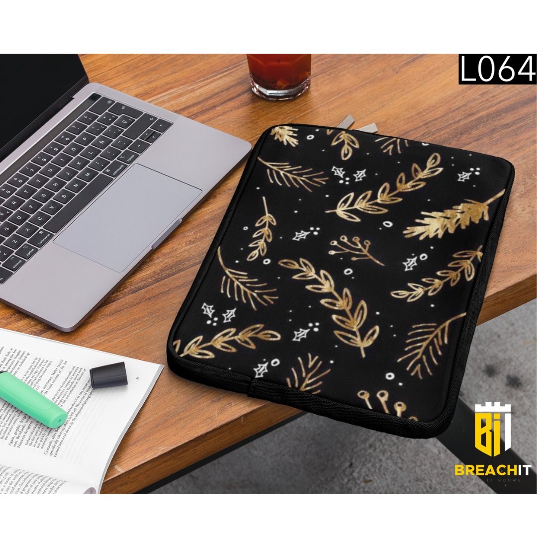 L064 Black Gold Flowers Laptop Sleeve - BREACHIT