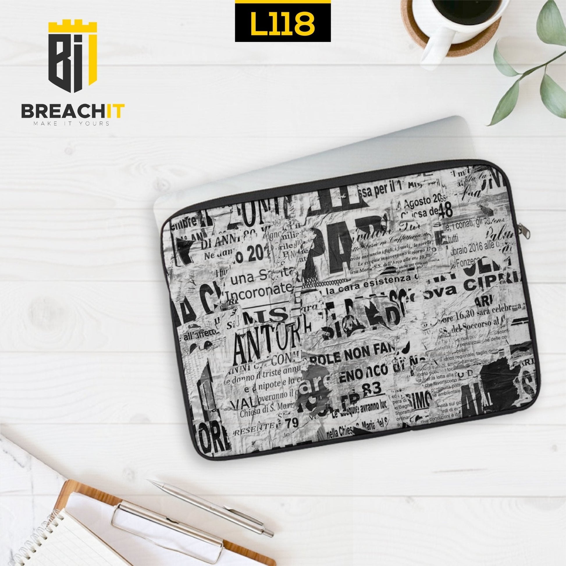 L118 Black & White Newspaper Laptop Sleeve - BREACHIT